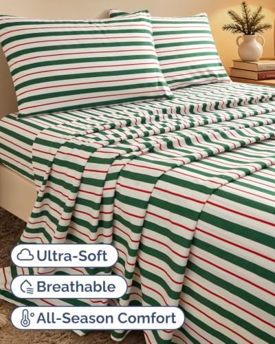Christmas Sheet Set, Cabana Stripe, Holiday Xmas Bedding Set - Queen Size