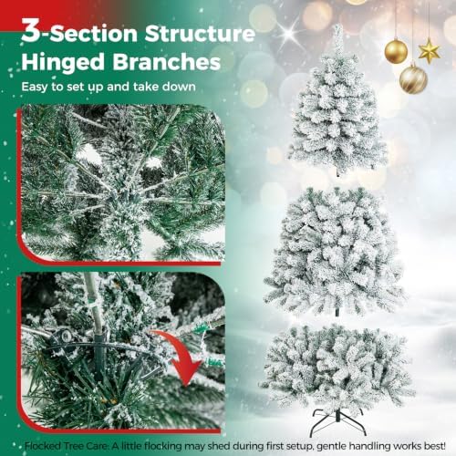 HAPPYGRILL 6 Feet Flocked Christmas Tree Artificial Xmas Tree with 600 PVC Branch Tips, Hinged Xmas Tree Life-Like Seasonal Holiday Tree for Home Office