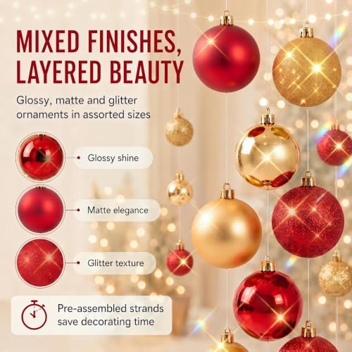 6 Pcs Christmas Ball Garland 6.6 ft Hanging Ornaments Strand, Red and Gold