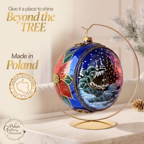 Hand Blown Glass Christmas Ornaments Ball, Sapphire 6 in + Stand