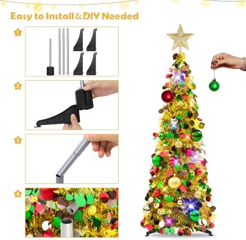 N&T NIETING Pop Up Christmas Tree with Lights & Ornaments, 3FT, Gold