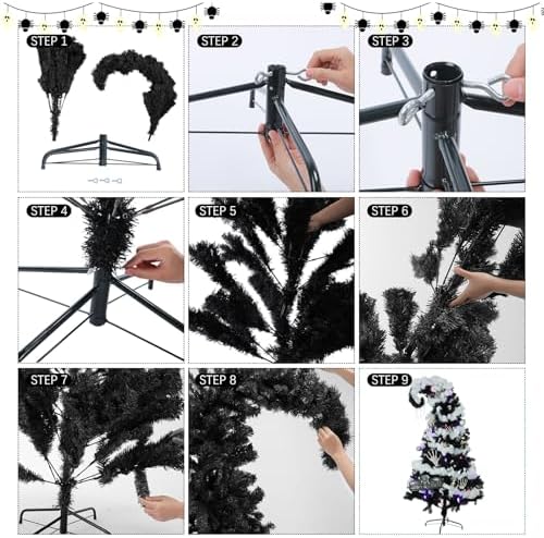 Daifunli 6 ft Black Christmas Tree with Light - Prelit Halloween Crooked Neck Christmas Tree Artificial for Xmas Holiday Party Indoor Outdoor Decoration