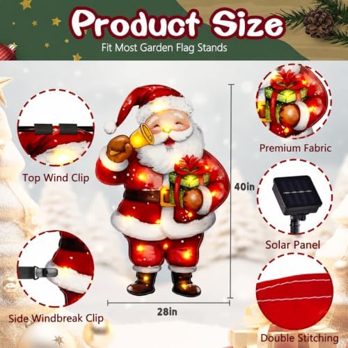 28x40 Solar Christmas Santa Garden Flag, Outdoor Decor