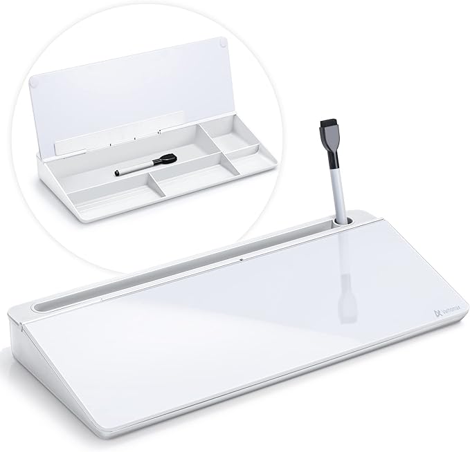 Varhomax Glass Desk Whiteboard with Storage, Desktop Organizer to-do List Memo Notepad Dry Erase White Board for Home Office and School Supplies (White)