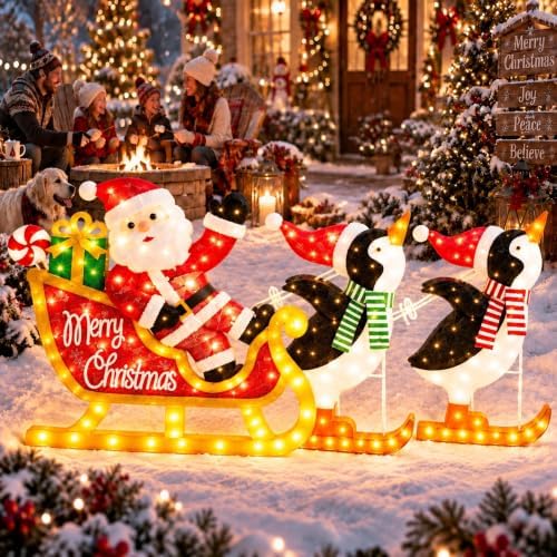 Penguin Sleigh Santa Outdoor Christmas Decoration with Timer&Remote Control