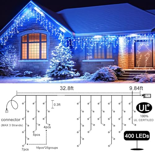 33FT Icicle Lights for Outside 400 LED Blue and White Christmas Lights