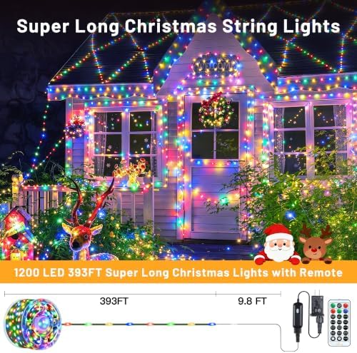 Ollny Christmas Lights Outdoor 1200 LED 393FT, Multicolor Fairy Lights