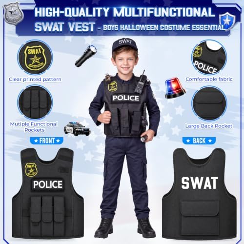 YADIYA Halloween SWAT Police Costume for Kids Boys Cop Costume Swat Vest