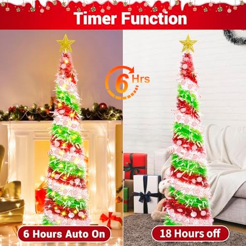 HISFFOG 5FT Pop Up Christmas Tree with 8 Rmote Lights Modes - 3 Color Sequin Tinsel Christmas Tree, Collapsible Artificial Pencil Christmas Trees Decorations for Home, Apartment, Office, Party