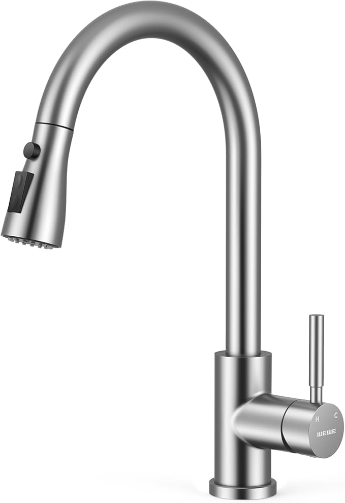 WEWE Pull-Down Kitchen Sink Faucet, 3-Mode Spray, 1-Hole, Brushed Nickel | Stream & Spray & Pause Modes, 20" Pull Down Hose, SUS304 Stainless Steel, 500k Cycle Ceramic Cartridge, Tool-Free Twist-Lock