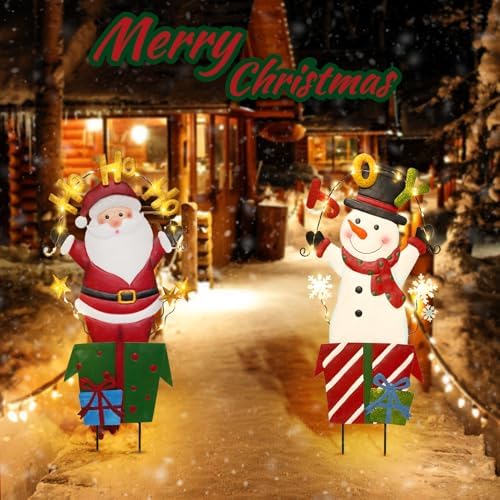 BRIGHTDECK 2 Pack Christmas Yard Signs Outdoor Decorations, Snowman Santa