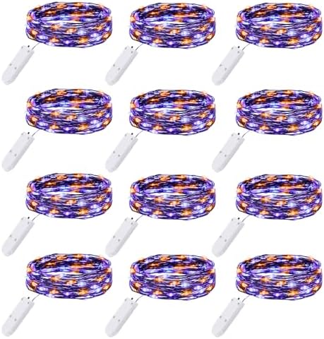 Brightown 12 Pack Purple Orange Fairy Lights Battery Operated String Lights - 7ft 20 LED Waterproof Short Micro Firefly Light for Halloween Decor, Pumpkin DIY Craft, Paper Lantern Decoration