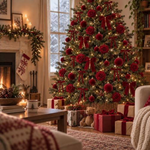 100 Pcs Velvet Rose Christmas Tree Decoration Ribbon Bow Ball Ornament Set