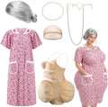 7 Pcs Halloween Fat Old Lady Costume Set, Grandma Dress Fat Suits