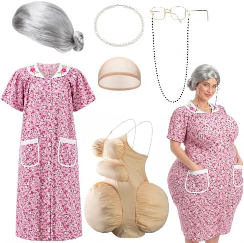 7 Pcs Halloween Fat Old Lady Costume Set, Grandma Dress Fat Suits