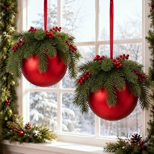 Yalikop 2 Pcs 8" Extra Large Red Christmas Ball Ornament with Pine Branches