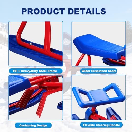 Ski Sled Slider Board/Snow Racer Sled with Steering Handle with Responsive Steering & Shock-Absorbing Column, Heavy Duty Long-Lasting Steel Frame Snow Sled for Kids A