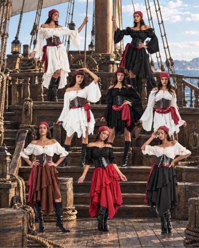 Pirate Costume Women, Renaissance Dress with Corset Belt, 4-Piece