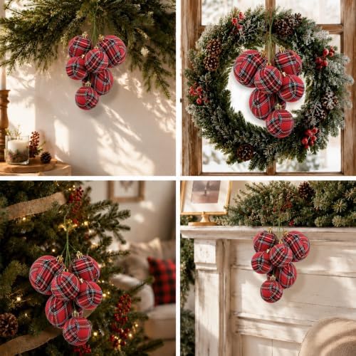 Roowest 4 Sets Buffalo Plaid Glitter Christmas Ball Clusters Ornament Decor
