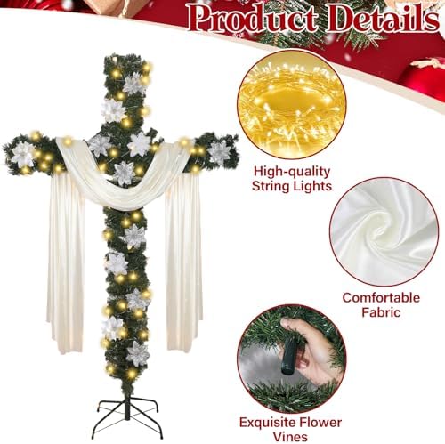 Justforjoyful 6ft Christmas Cross Tree with Light & Scarf，Poinsettias
