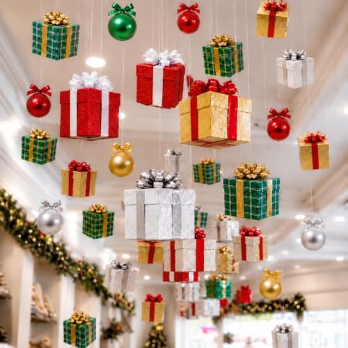 Epakh 44 Pcs Christmas Hanging Ceiling Decorations Ball and Gift Box Cutout