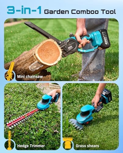 SEESII 3 in 1 Cordless Mini Chainsaw & Hedge Trimmer, Grass Shear Combo