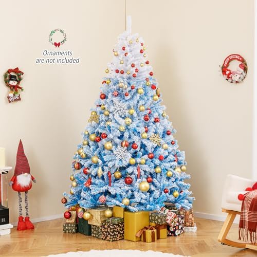 HAPPYGRILL 7 FT Flocked Christmas Tree Blue Hinged Xmas Tree with 1264 Branch Tips & Folding Metal Stand, Artificial Christmas Tree for Home Office Carnival