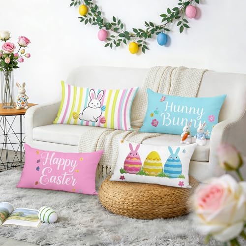 Easter Pillow Covers 12x20 Inch,Easter Decorations for Home,Set of 4 Happy Easter Hunny Bunny Pink Blue Decorative Throw Pillow Covers Spring Farmhouse Decor