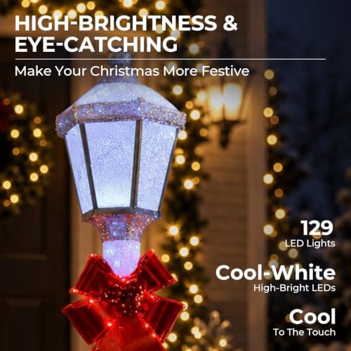 60-Inch Outdoor Christmas Decorations Outdoor Lighted Lamp Post 3D Lamppost LED Lighted Post Christmas Decoration with 128 LED Lights & Bow Holiday Decorations for Yard, Porch, Patio