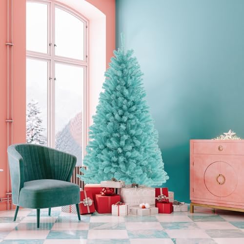 HAPPYGRILL 6 FT Pre-lit Artificial Christmas Tree Blue Hinged Xmas Tree with 758 Branch Tips, 280 Warm White LED Lights & Folding Metal Stand, Pre-Lit Holiday Decoration Tree for Home Office