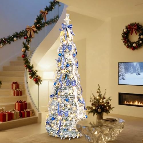 VINGLI 7ft Pre Lit Pop Up Christmas Tree w/ 200 Lights, Fully Decorated Flocked Pencil Christmas Tree, Collapsible Xmas Tree for Holiday Party Decorations (Blue&Silver)