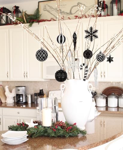 Briful 80ct Black & White Christmas Balls Ornament Set, Plastic Shatterproof Christmas Ornament Balls with Tree Topper Candy Canes Snowflakes for Xmas Tree Wreath Garland Decor