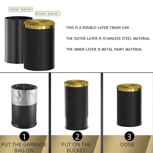 Brushed Brass Garbage can,Bathroom Trash can with lid，Modern Small Trash Can with Flipping Lid, 9 L,Garbage cans for Bathroom, Kitchen,Bedroom, Metallic Gold (Black（Double）)
