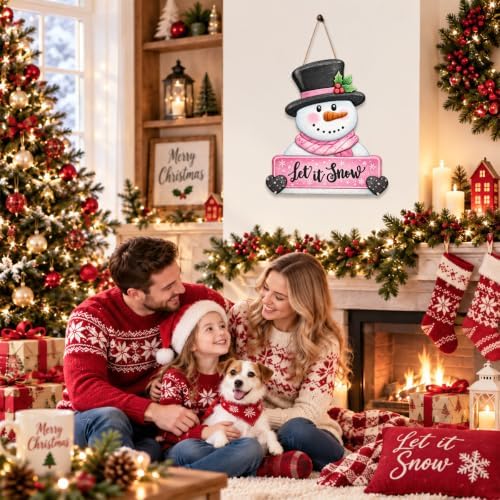 Christmas Decorations Winter Pink Snowman Hanging Wooden Front Door Sign