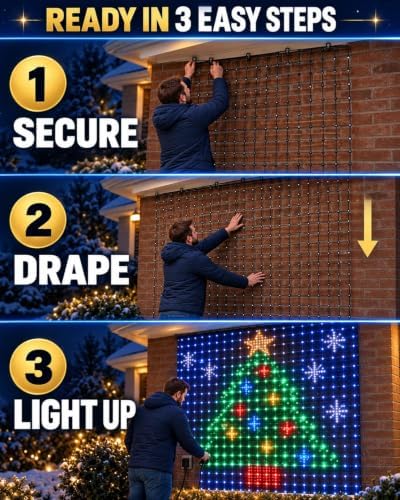 Christmas LED House Net and Smart Outdoor Wall Curtain Light 400 LEDs 6.6 x 6.6 FT Color Changing APP Control Music Sync DIY Animated Display for Windows Roofs Patio Holiday Decorations
