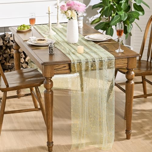Artoid Mode Sage Green Gold Gauze Table Runner 120 Inch 10FT, Glitter Metallic Foil Sheer Dining Wedding Anniversary Holiday Birthday Table Decor for Home Party