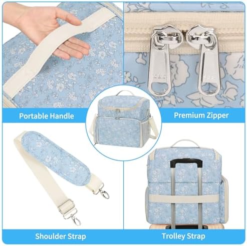 CUBETASTIC Extra Large Nail Polish Organizer Case Holds 86 to 100+ Bottles Nail Polish & Nail Lamp, Nail Supplies Storage Carrying Bag with 2 Removable Pouches, White Floral in Blue