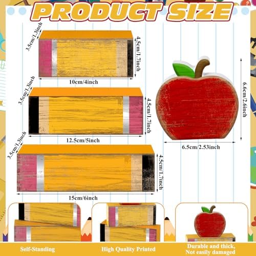 Lineshading 4 Pcs Back To School Table Decor Wooden Apple Block Signs
