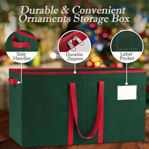 RoomHacks Christmas Ornament Storage Box, Store Up to 128 Ornaments, Durable Christmas Storage Container, Dual Zipper & Adjustable, Large Organizer Bin to Protect and Store Holiday Ornaments(Green)