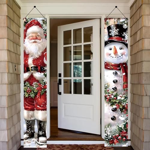 2PCS Christmas Porch Banner Decorations 71 x 12 Inch Santa and Snowman Hanging Sign Outdoor Vertical Front Door Holiday Banner for Winter Yard Party Home Wall Entryway Decor