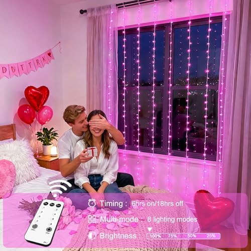 JMEXSUSS 300 LED Curtain Lights, Pink String Lights for Bedroom, 9.8x9.8 ft