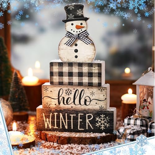 Moucuny 4 Pcs Winter Snowman Tiered Tray Decor Wooden Block Signs