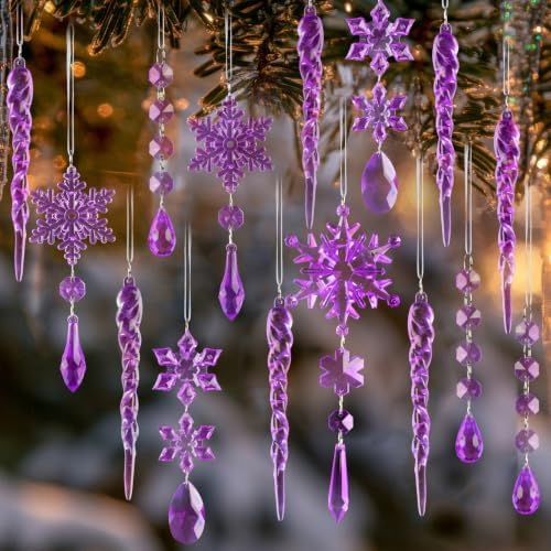 32pcs Crystal Christmas Ornaments for Christmas Tree Decorations-Purple Hanging Acrylic Snowflake and Icicle Ornaments with Drop Pendants for Xmas Winter Wonderland New Year Party Decorations Supplies