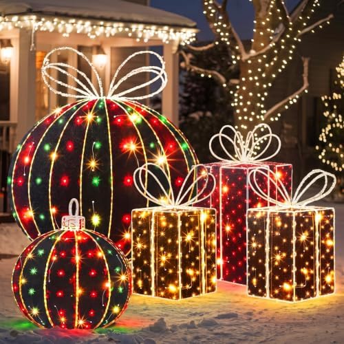 Woanger 5 Pcs Christmas Decorations Outdoor Lighted Metal Flat Gift Boxes
