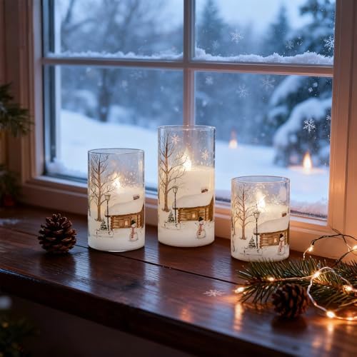 Snowman Glass Flameless Candles Battery Operated with Remote and Timer Real Wax LED Flickering Pillar Candles White Cold Light Window Christmas Holiday Decor D3 x 4",5",6"