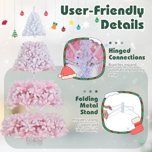 HAPPYGRILL 8 FT Pre-lit Flocked Christmas Tree Pink Hinged Xmas Tree with 1774 Branch Tips, 470 Warm White LED Lights & Folding Metal Stand, for Home Office Carnival