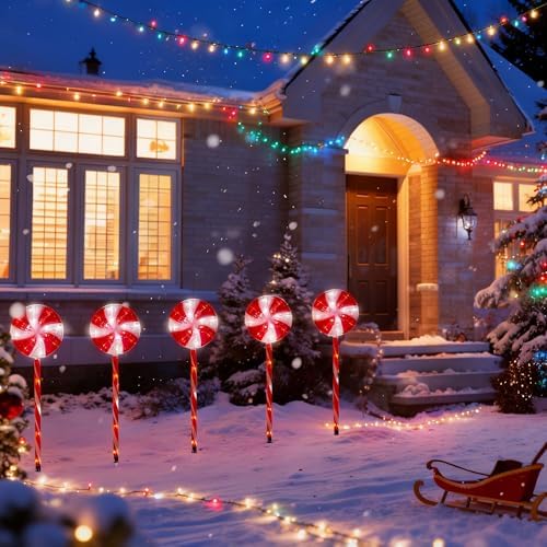 BRIGHTDECK 5 Pack Solar Christmas Pathway Lights, Red Lollipop Stakes