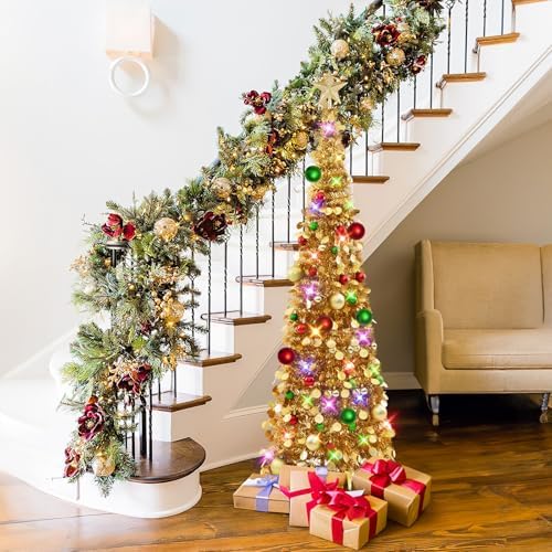 Pop Up Christmas Tree with Lights & Ornaments, 5FT, Champagne Gold