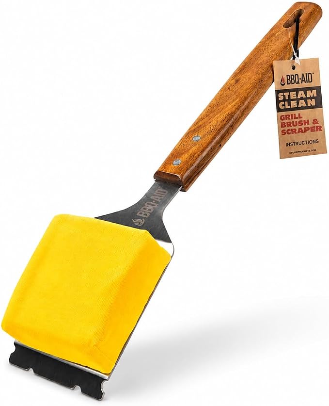 Bristle Free Steam Grill Brush and Scraper for Outdoor Grill | 100% replaceable steam scrub pad, built-in scraper, grill cleaner; no shedding, safe for all grill grates