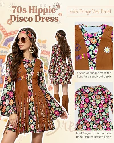 kasahara 60s 70s Outfit for Women Hippie Dress Clothes Boho Disco Costume with Hippie Headband Necklace Earrings Bracelet
